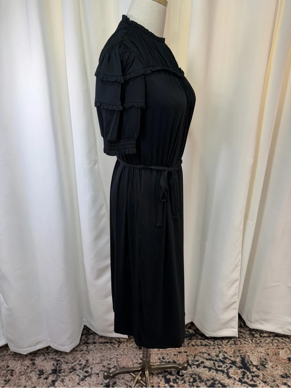 NWT Boden Black Ruffled Neck Puff Sleeve Jersey Midi Dress w/ Tie Waist Size 4P